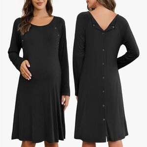Ekouaer Black Hospital Gown Nursing Maternity Dress with Back Snaps Size M